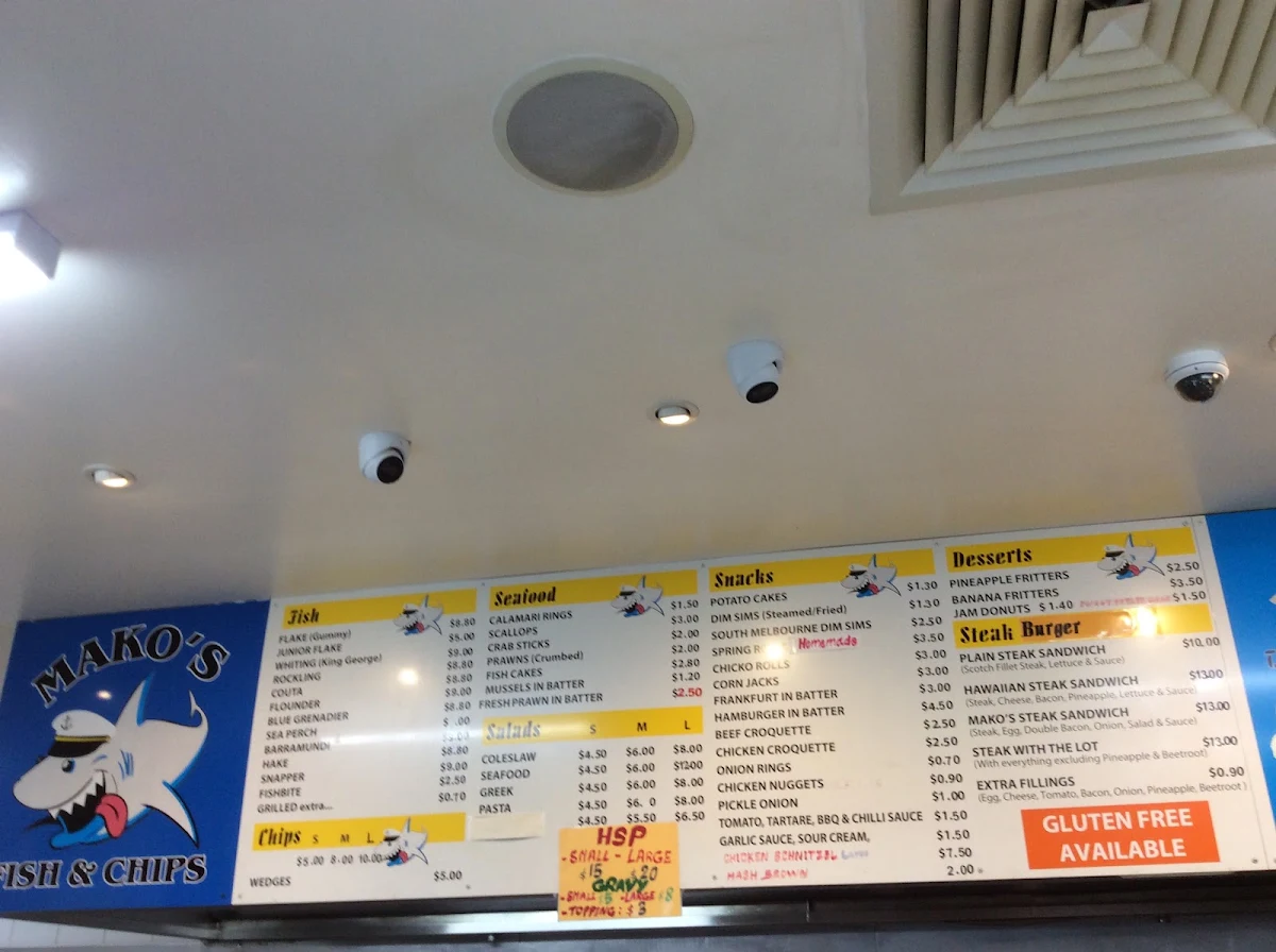 Menu, Mako's Fish and Chips