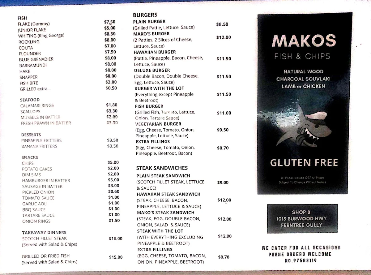 Menu, Mako's Fish and Chips