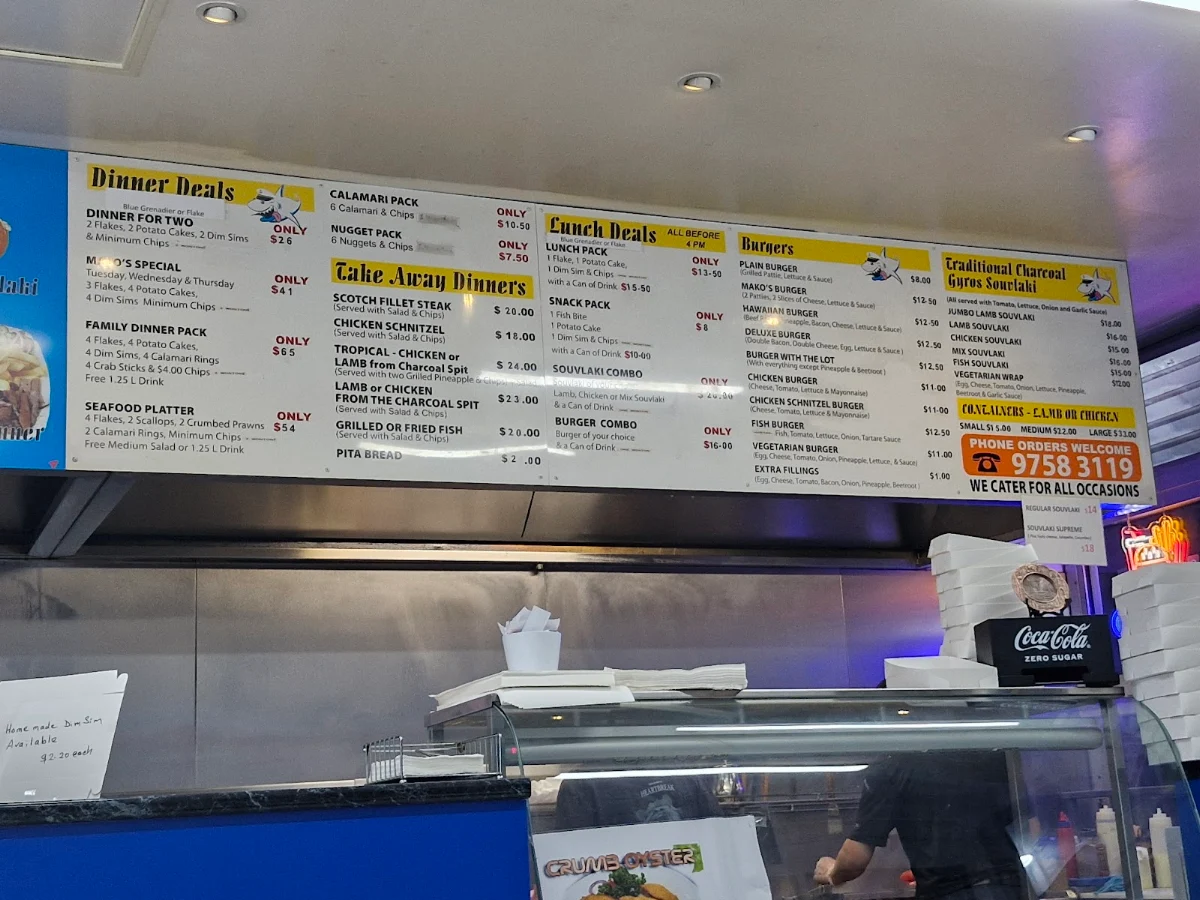 Menu, Mako's Fish and Chips