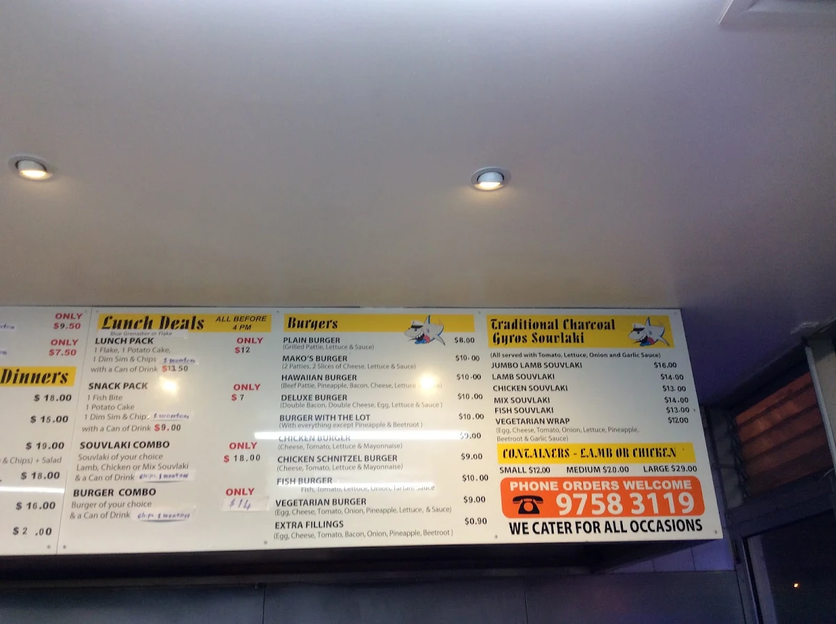 Menu, Mako's Fish and Chips