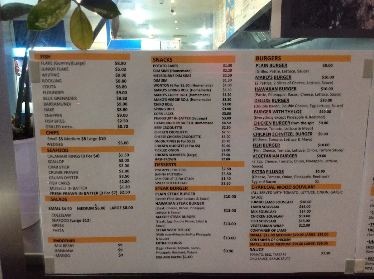 Menu, Mako's Fish and Chips