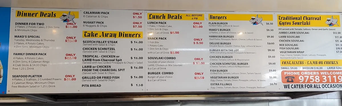 Menu, Mako's Fish and Chips
