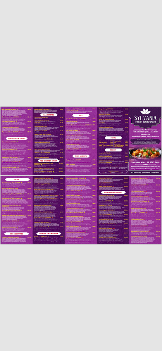 Menu, Sylvania Indian Restaurant