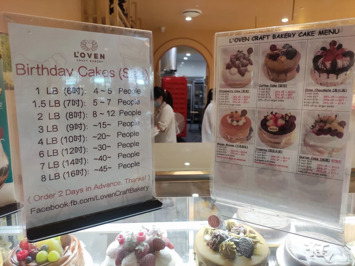 Menu, L'oven Craft Bakery