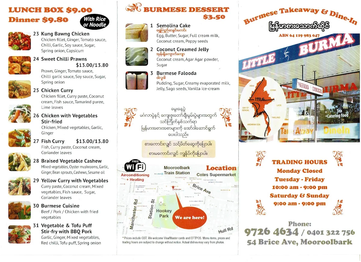 Menu, Little Burma Burmese Restaurant