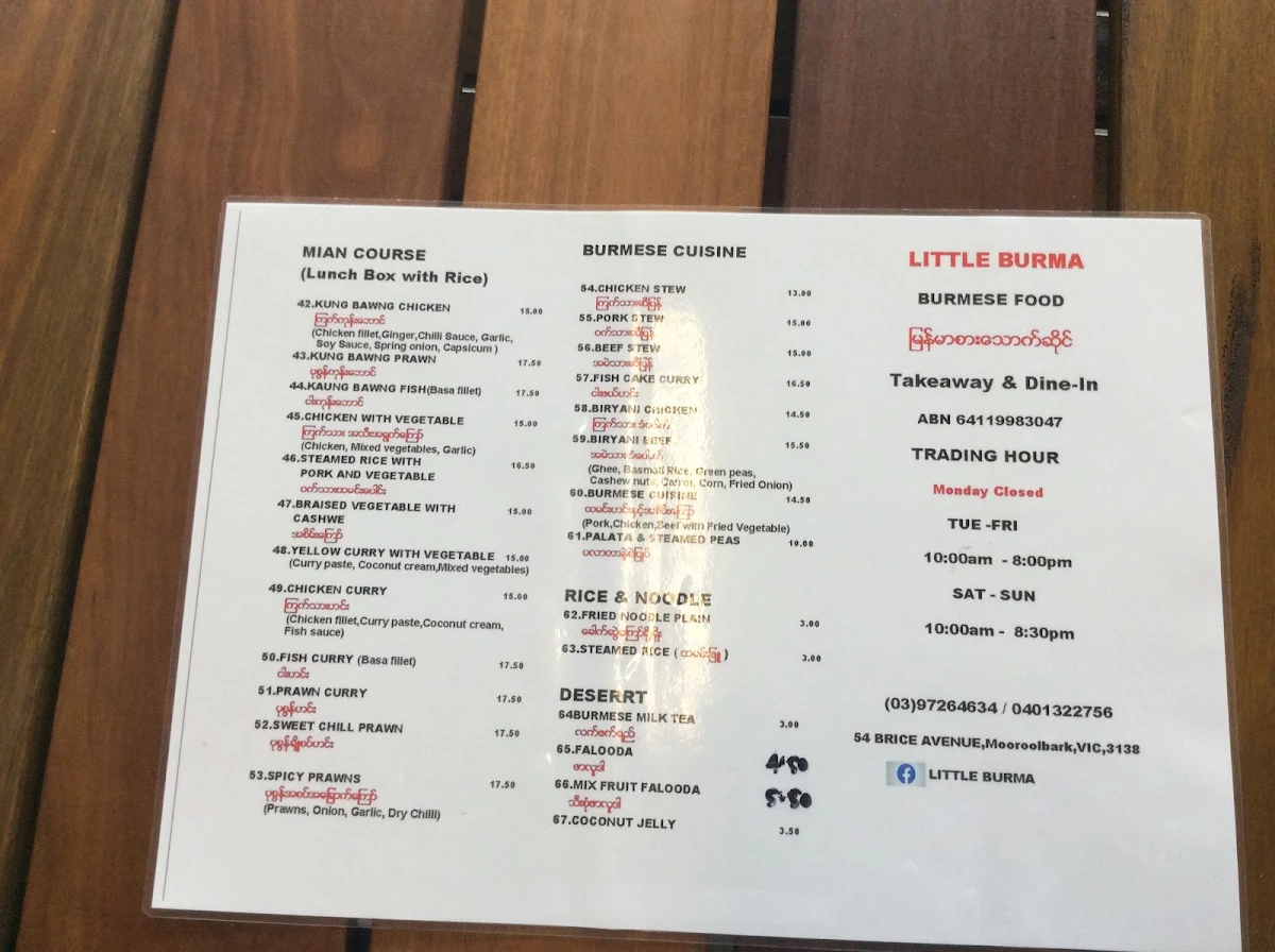 Menu, Little Burma Burmese Restaurant