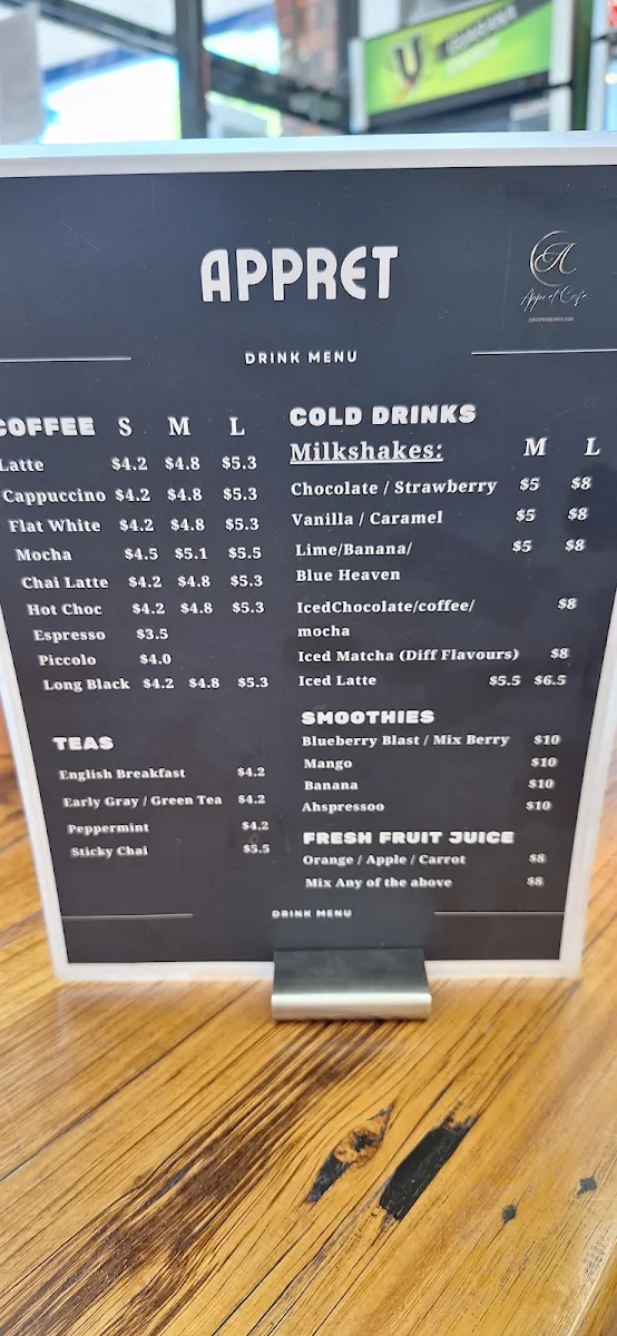 Menu, Appretcafe greensbrough