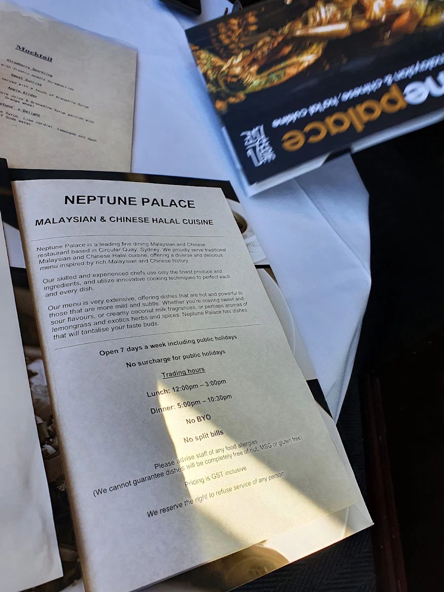 Menu, Neptune Palace Restaurant
