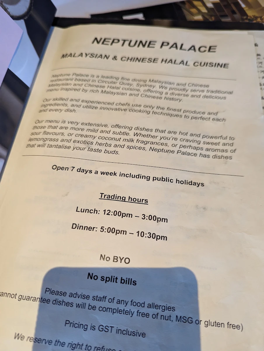 Menu, Neptune Palace Restaurant
