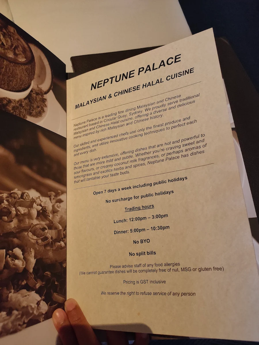 Menu, Neptune Palace Restaurant