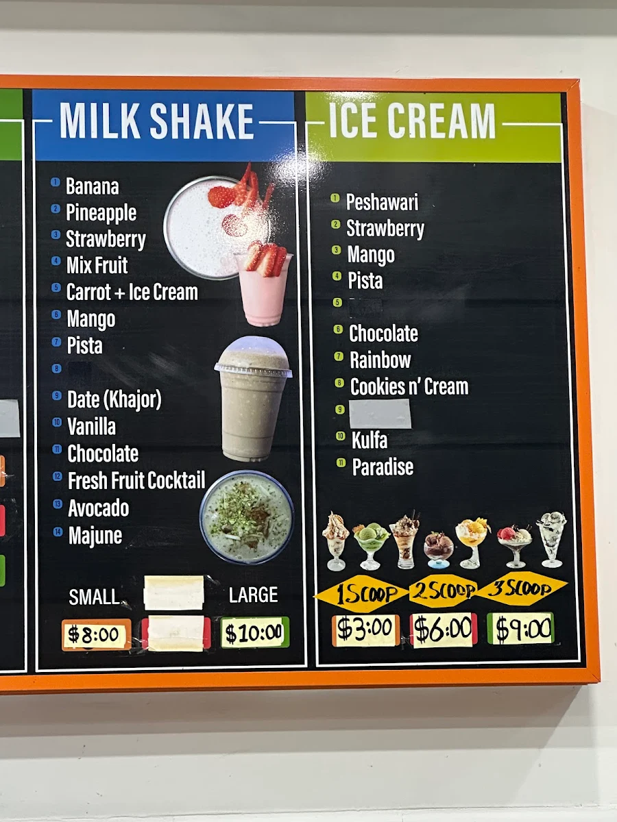 Menu, Aladin's Fresh fruit juice
