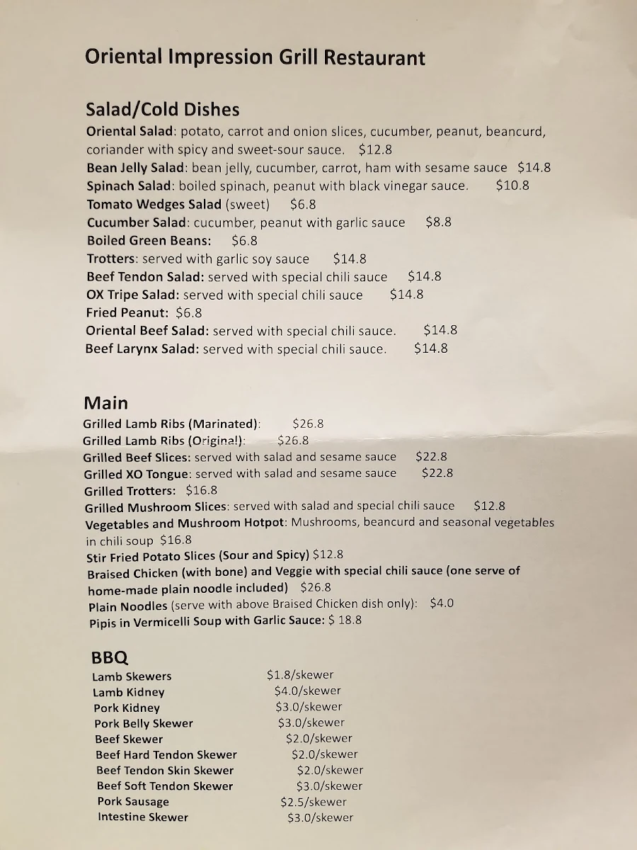 Menu, Oriental Impression Grill Restaurant