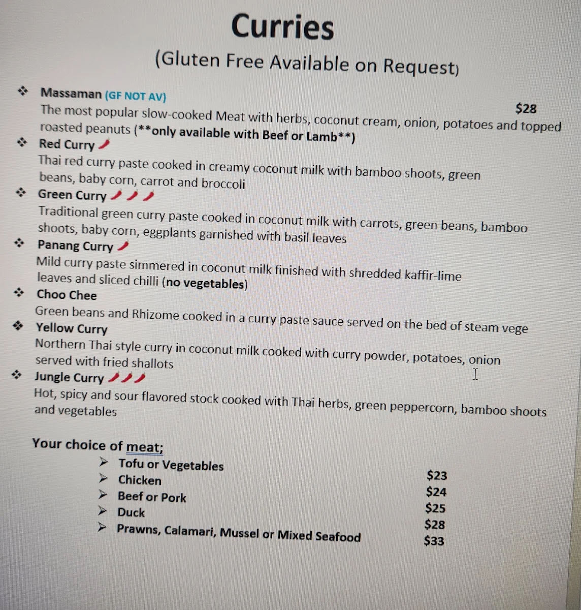 Menu, Kinnaree Thai Restaurant