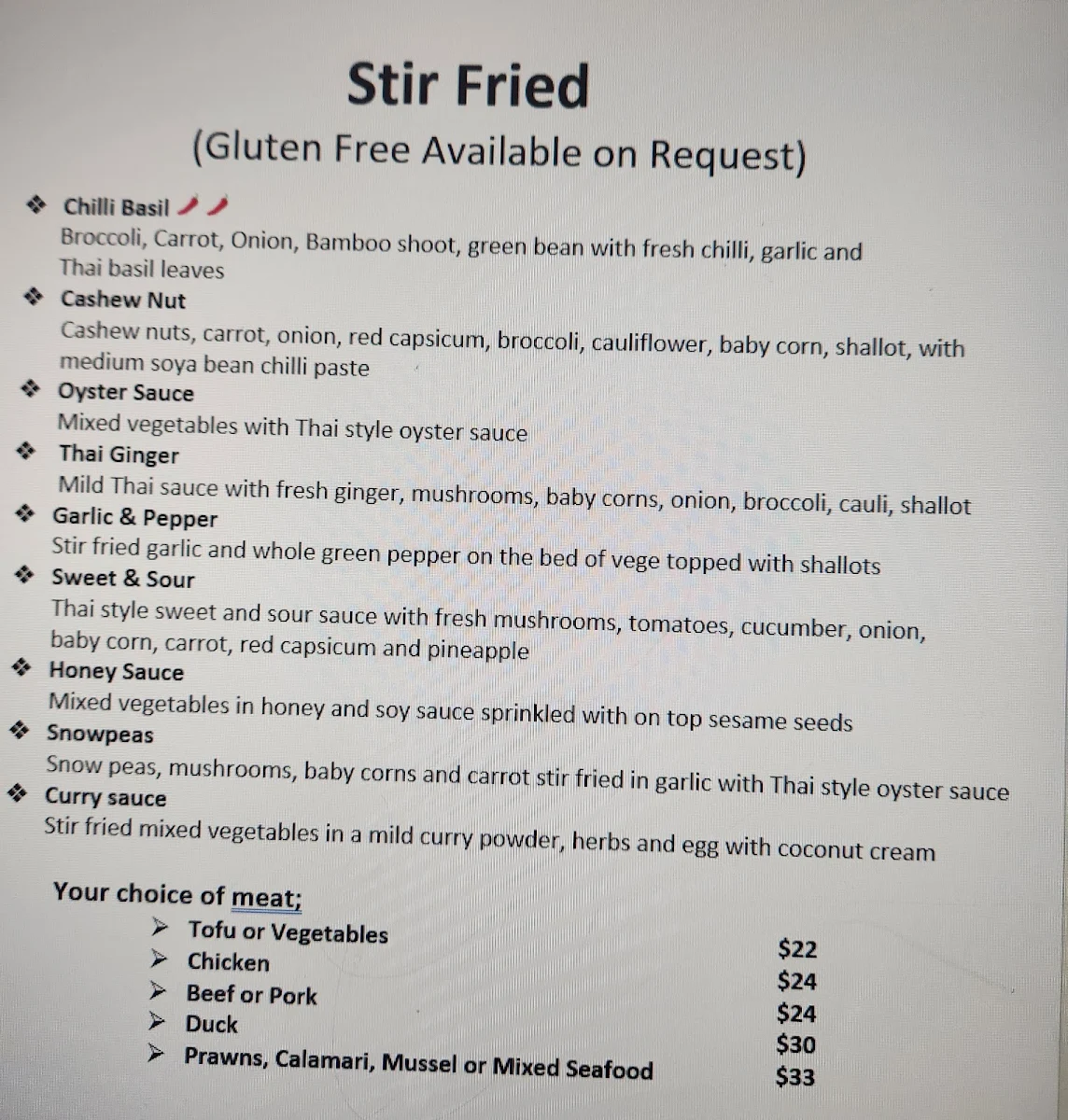 Menu, Kinnaree Thai Restaurant