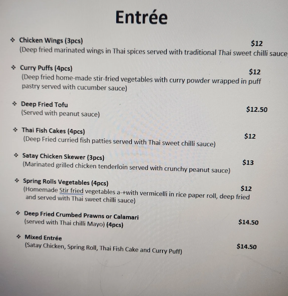 Menu, Kinnaree Thai Restaurant