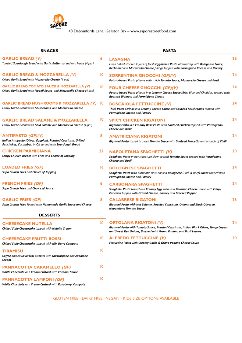 Menu, Sapore Street Food