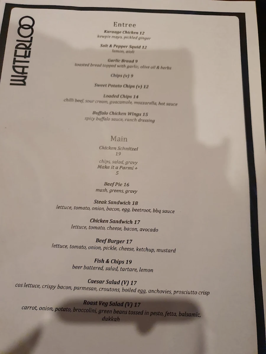 Menu, Waterloo Hotel