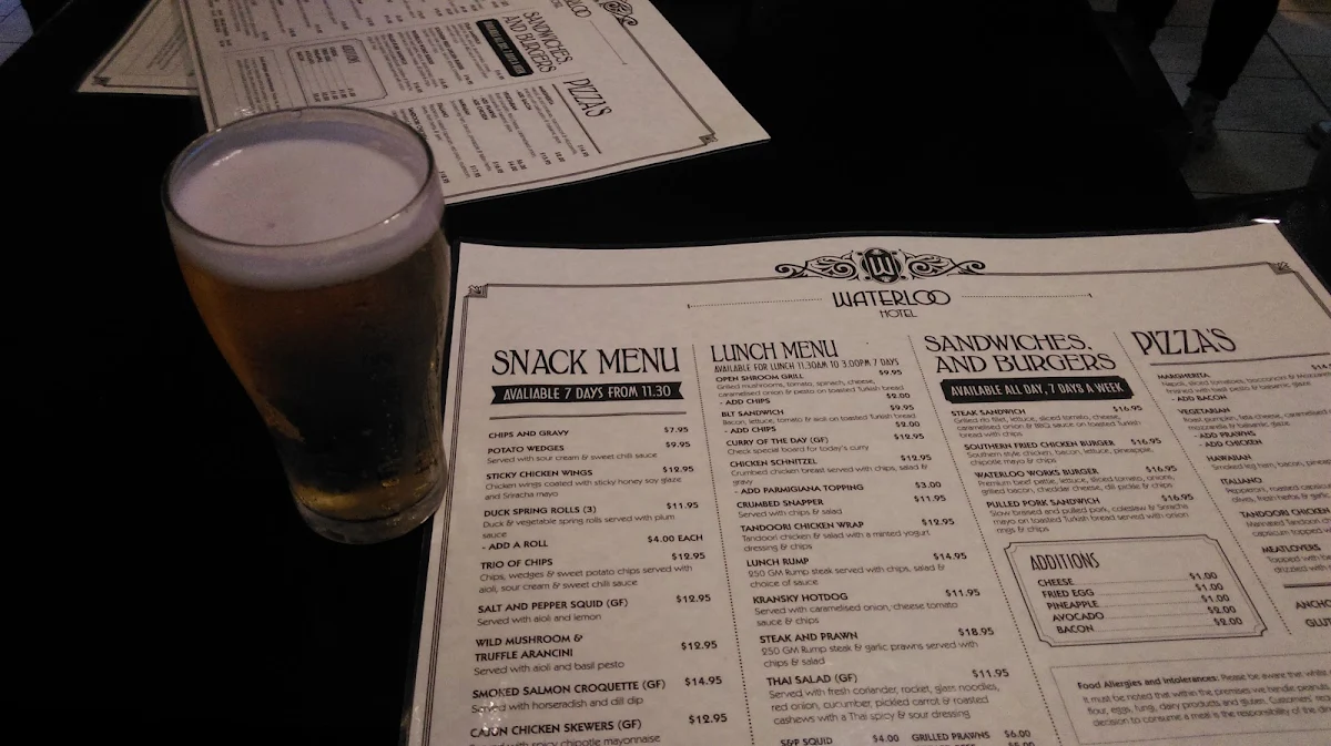 Menu, Waterloo Hotel