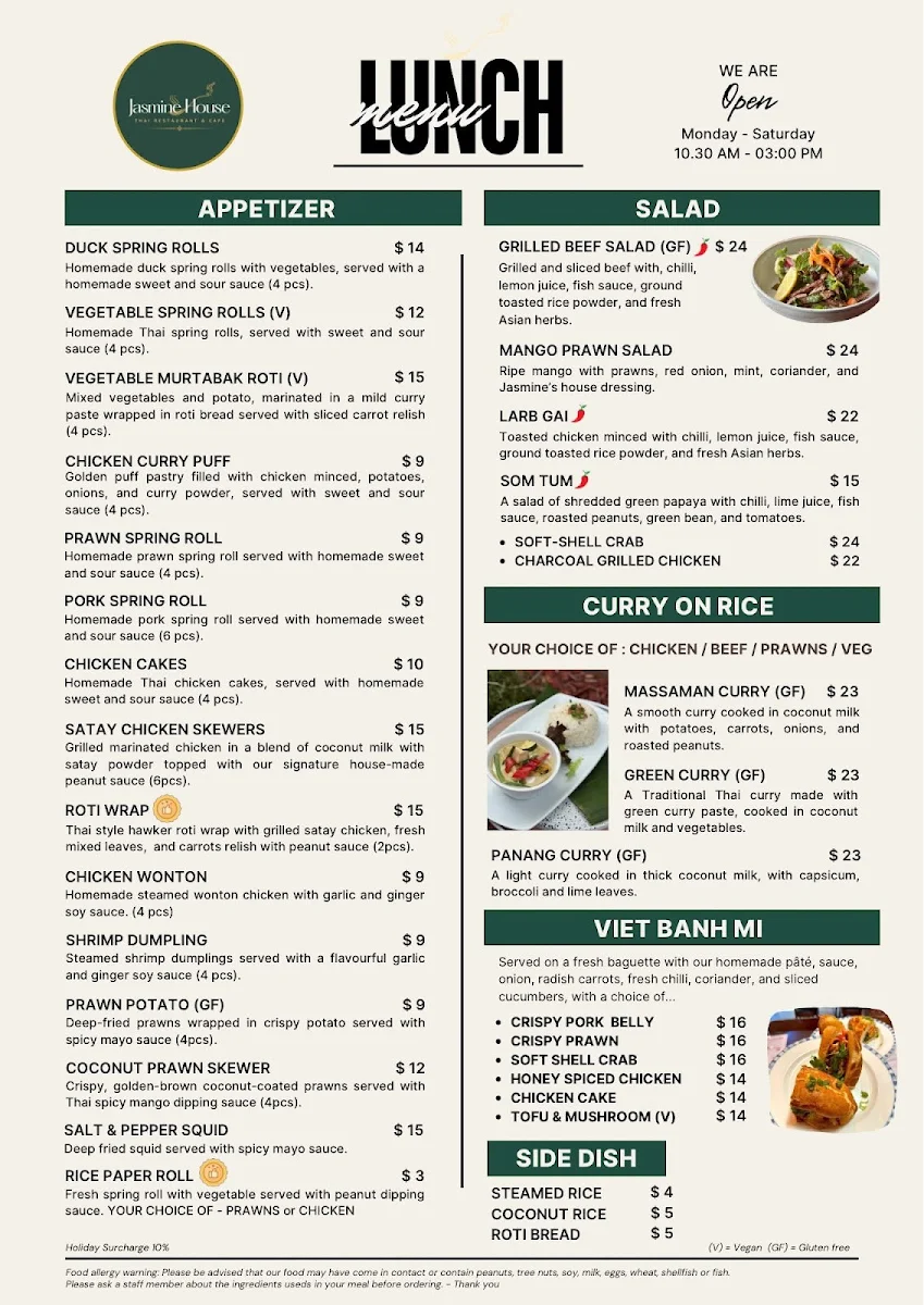 Menu, Jasmine house Cafe and Thai restaurant