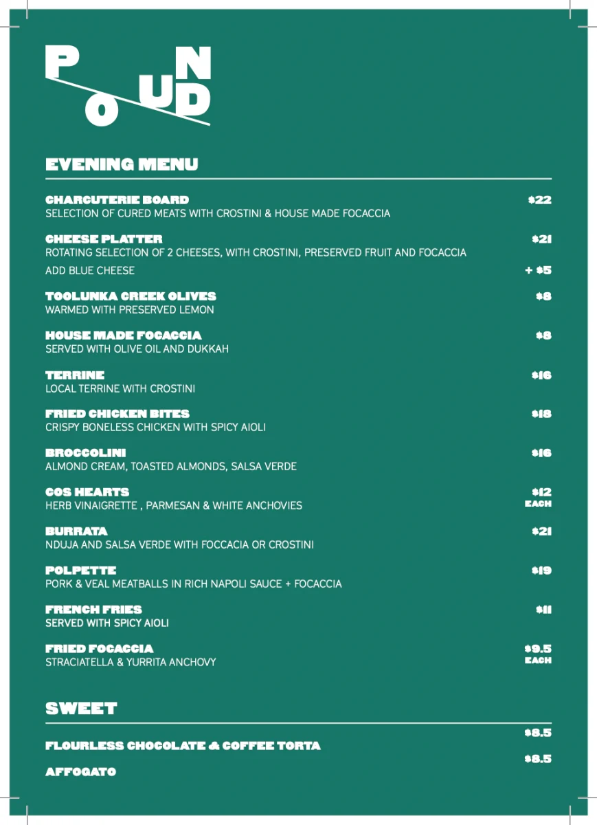 Menu, Pound Cafe South Yarra