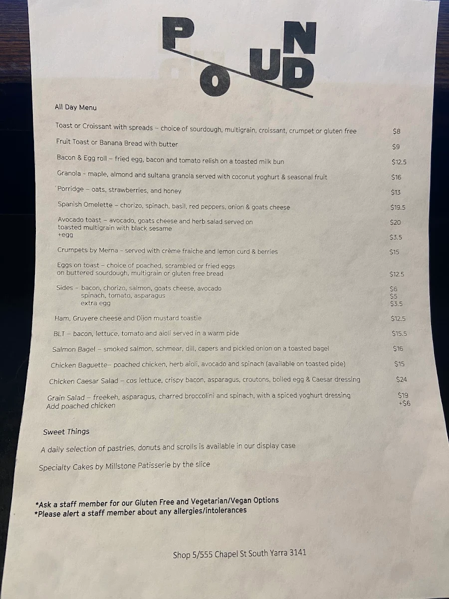 Menu, Pound Cafe South Yarra