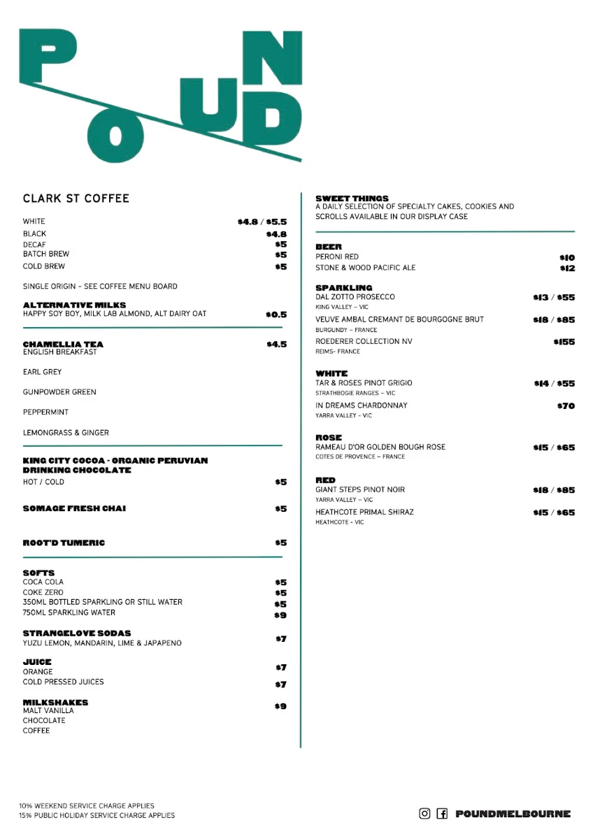 Menu, Pound Cafe South Yarra