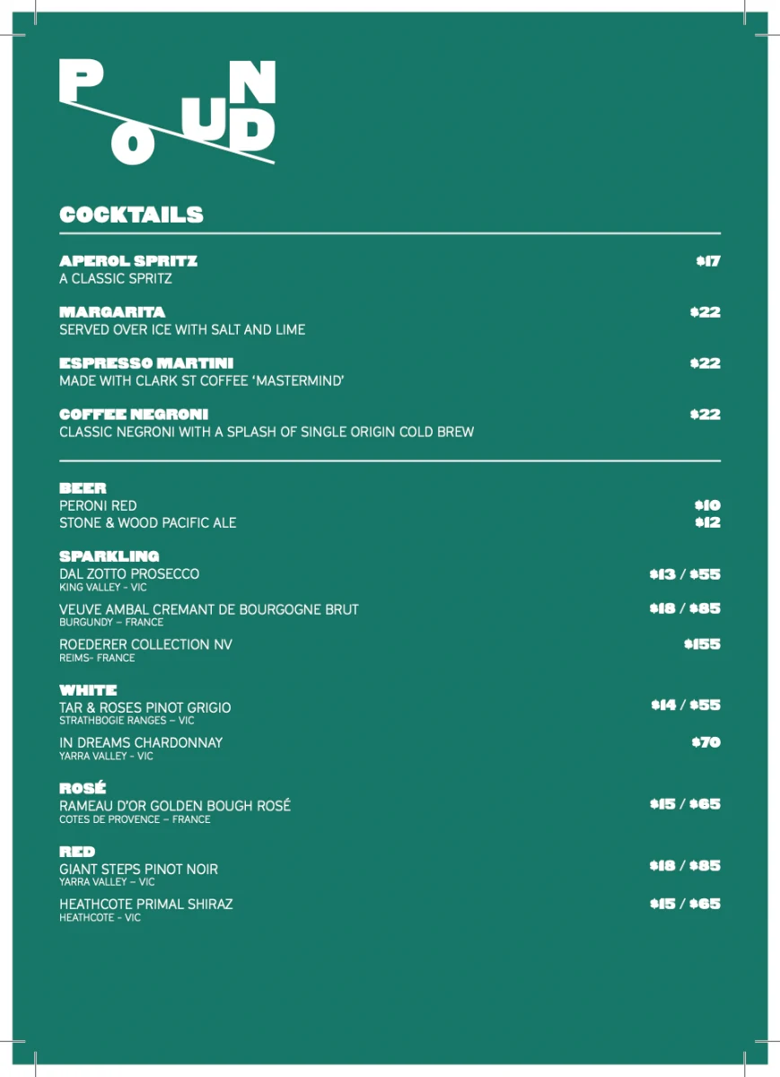 Menu, Pound Cafe South Yarra