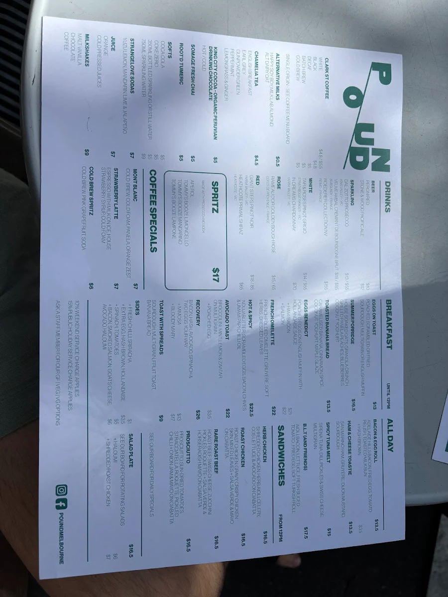 Menu, Pound Cafe South Yarra