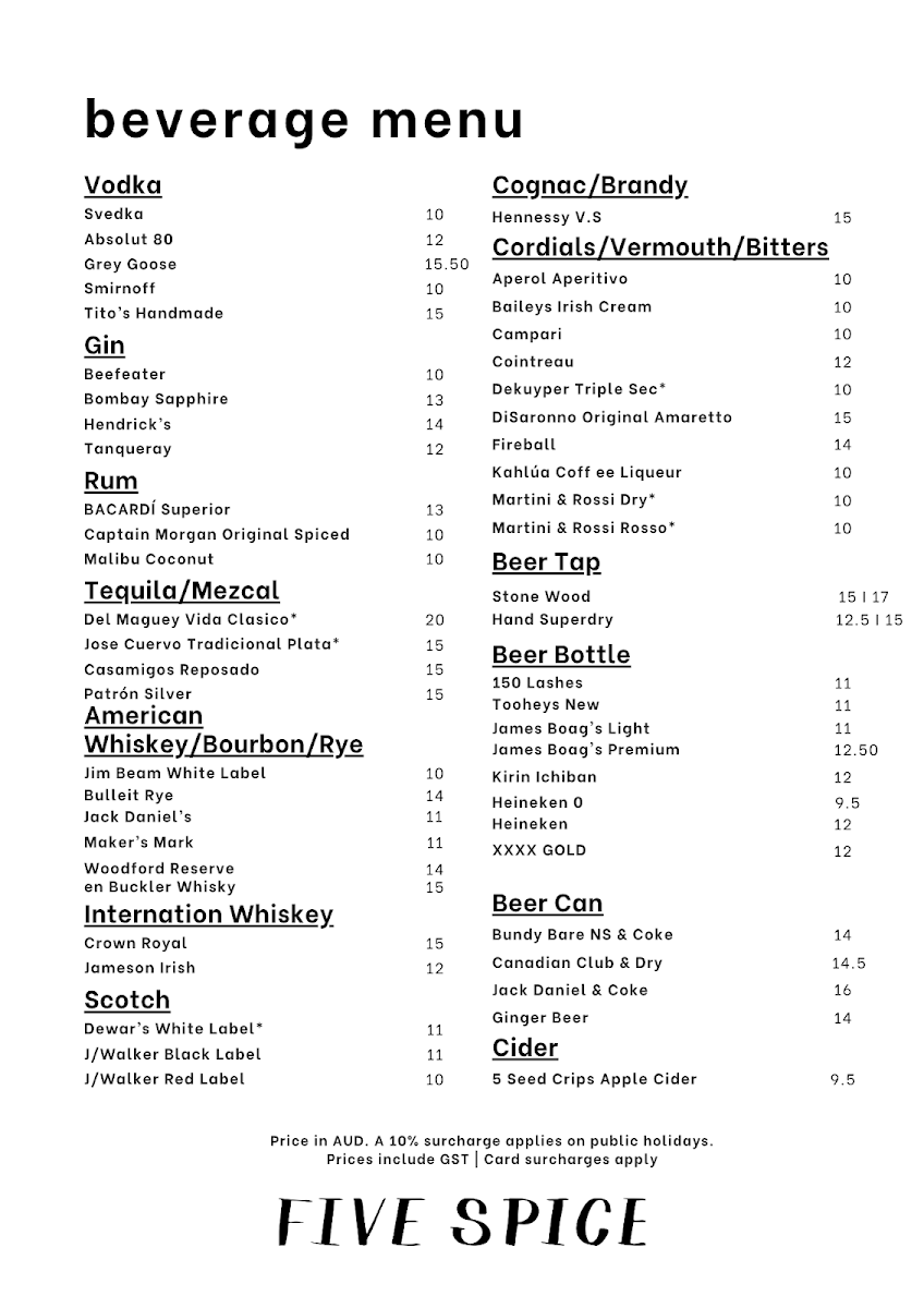 Menu, FIVE SPICE