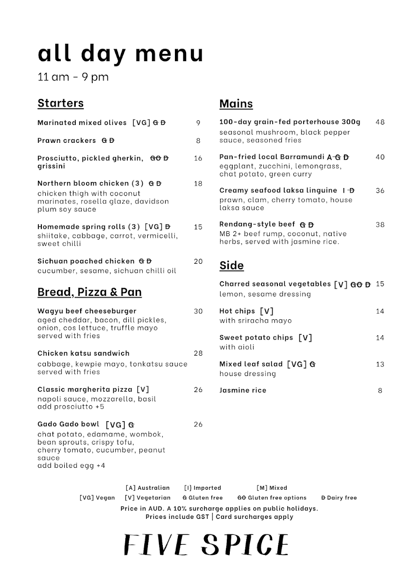 Menu, FIVE SPICE