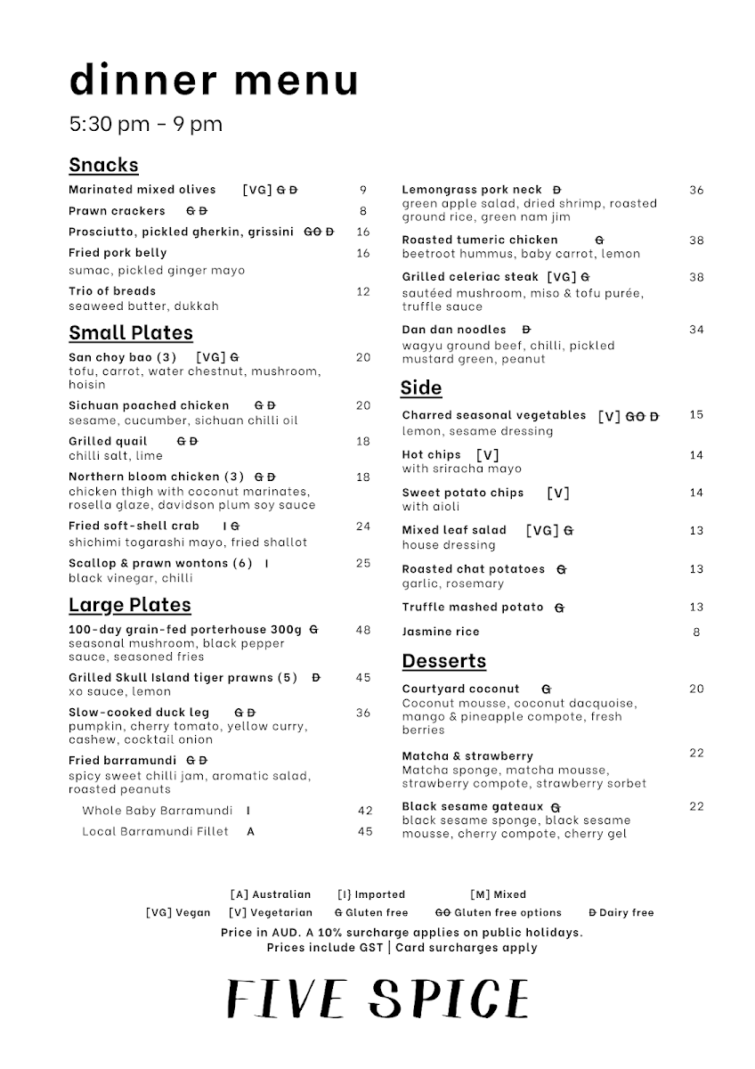 Menu, FIVE SPICE