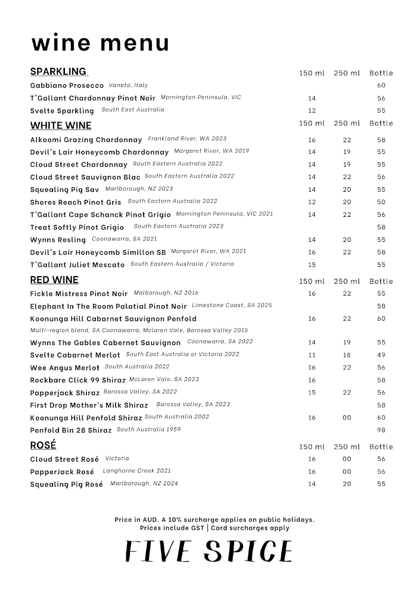 Menu, FIVE SPICE