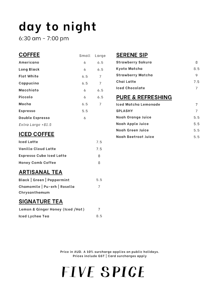 Menu, FIVE SPICE