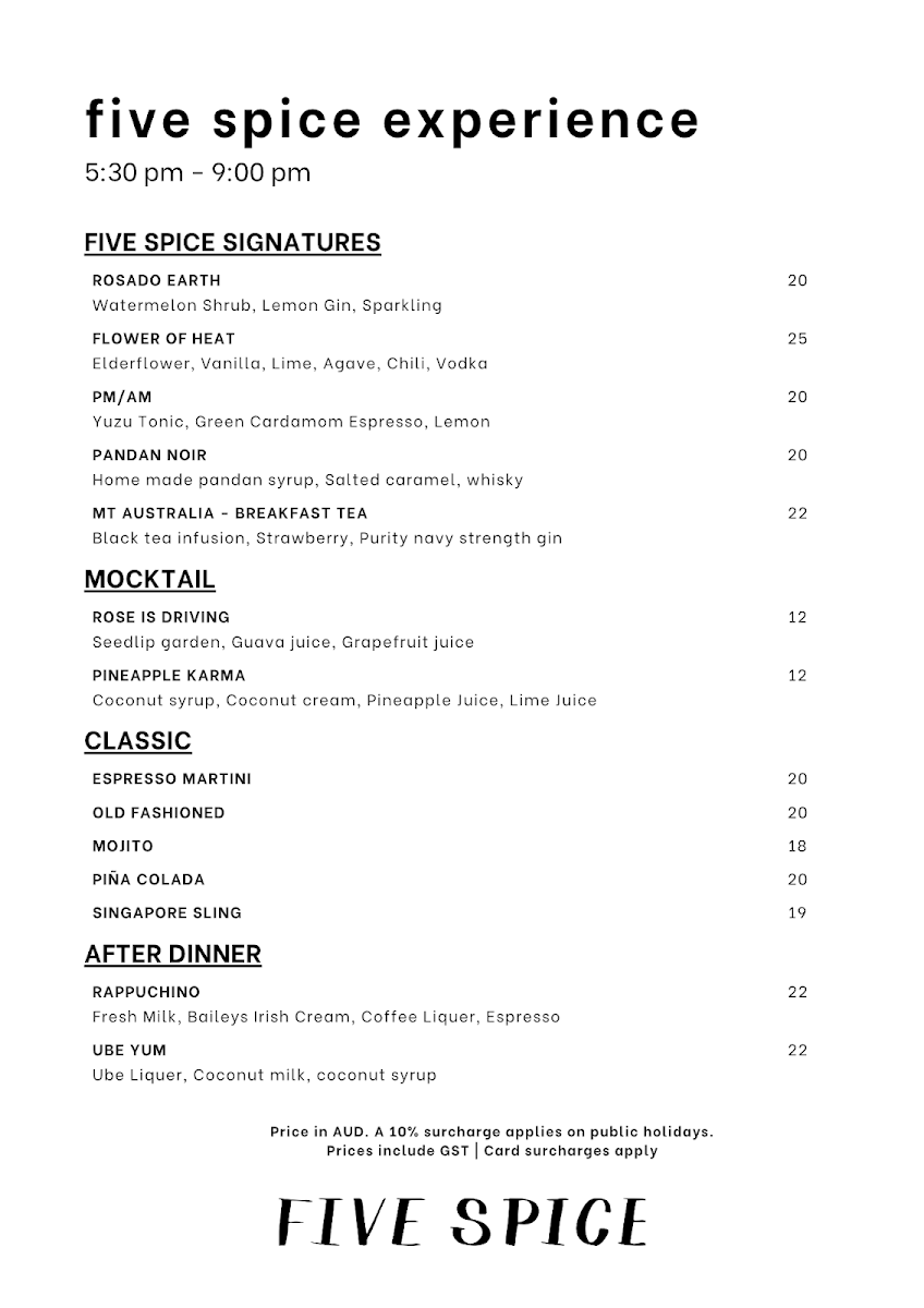 Menu, FIVE SPICE