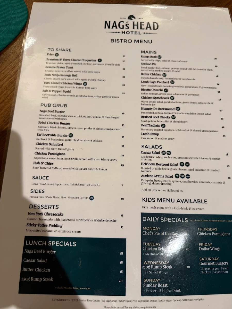 Menu, Nag's Head Hotel, Glebe