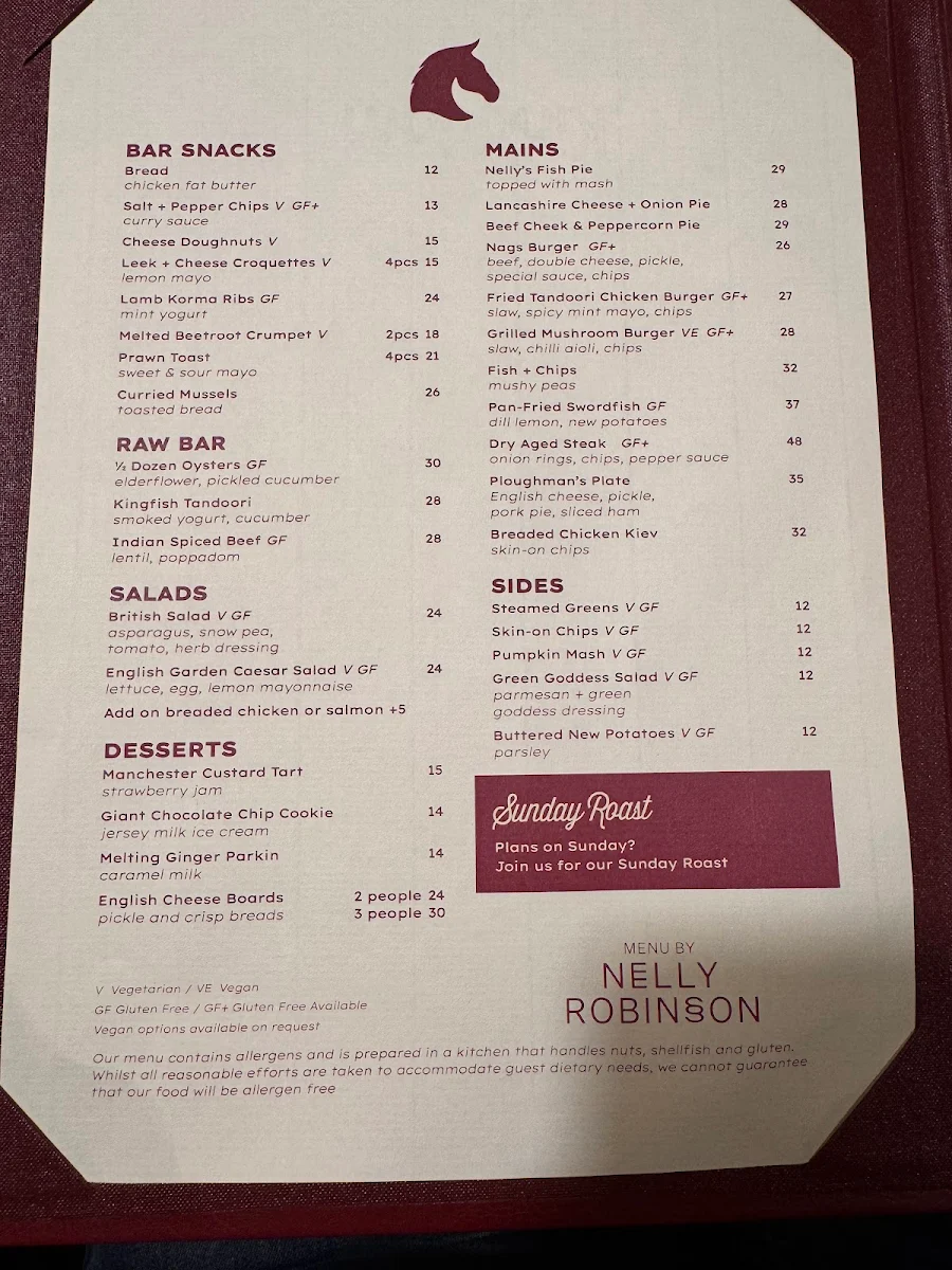 Menu, Nag's Head Hotel, Glebe