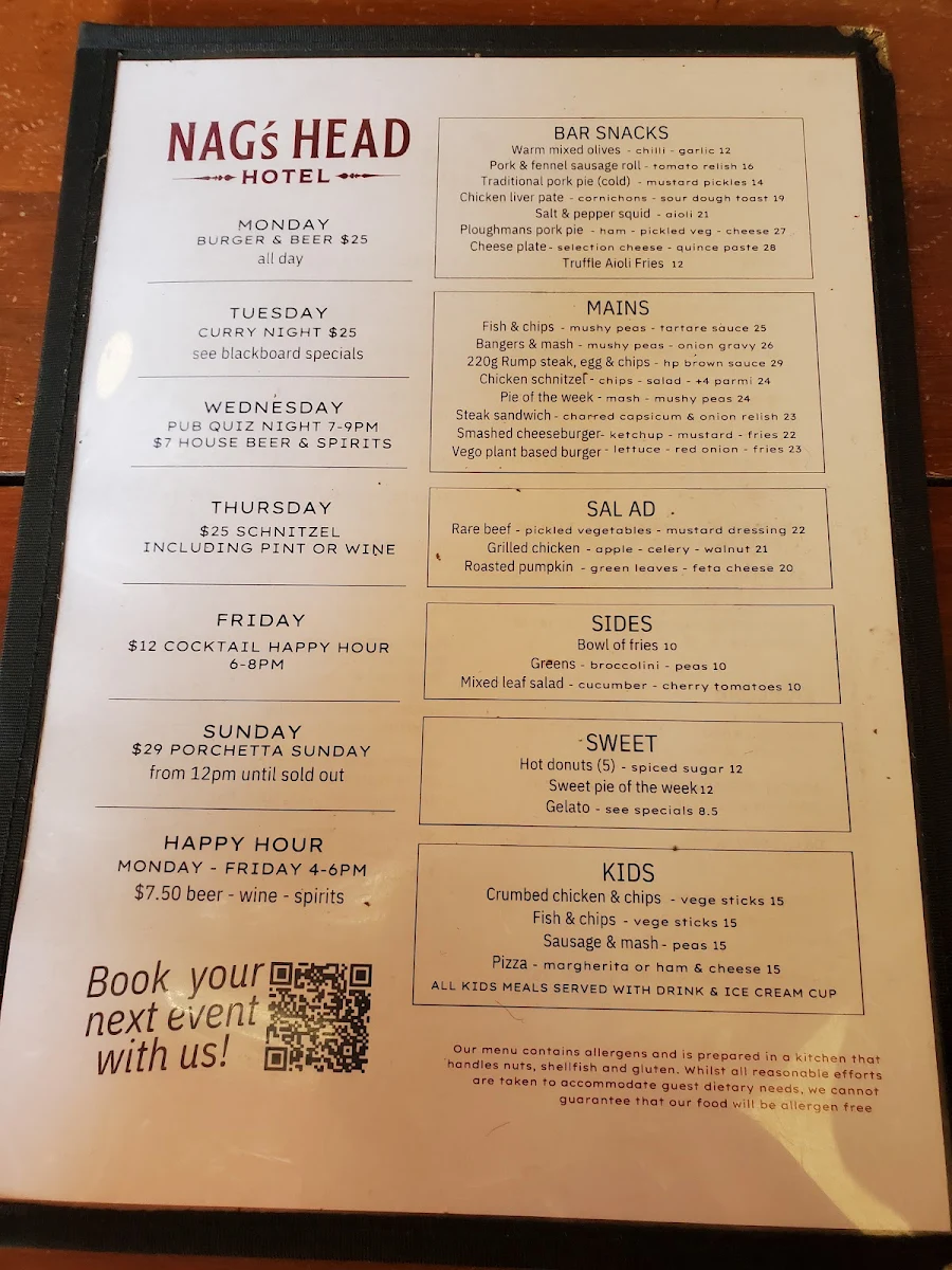 Menu, Nag's Head Hotel, Glebe
