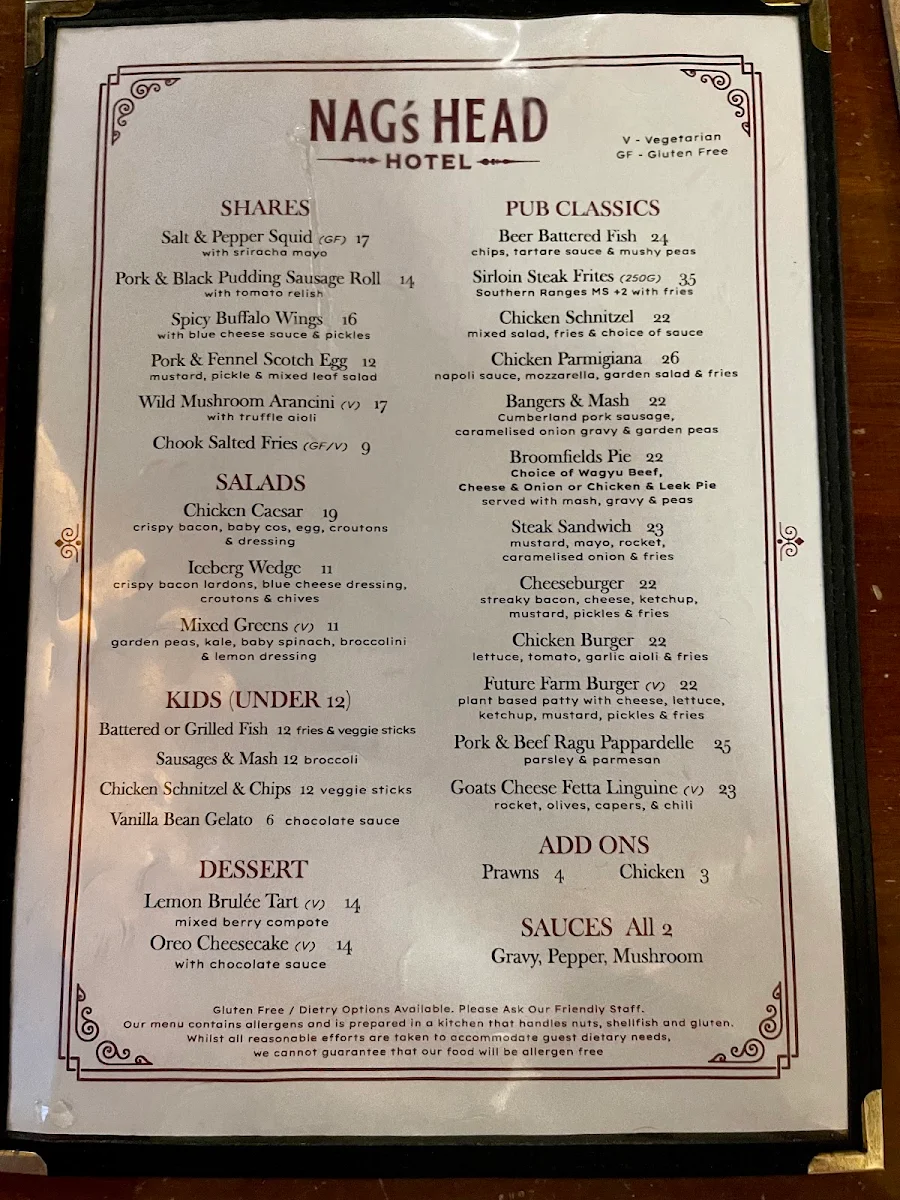 Menu, Nag's Head Hotel, Glebe