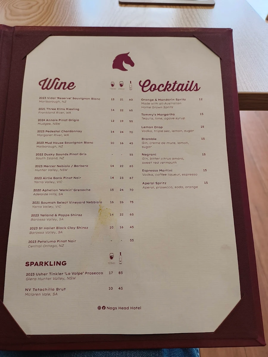 Menu, Nag's Head Hotel, Glebe
