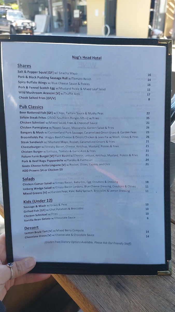 Menu, Nag's Head Hotel, Glebe