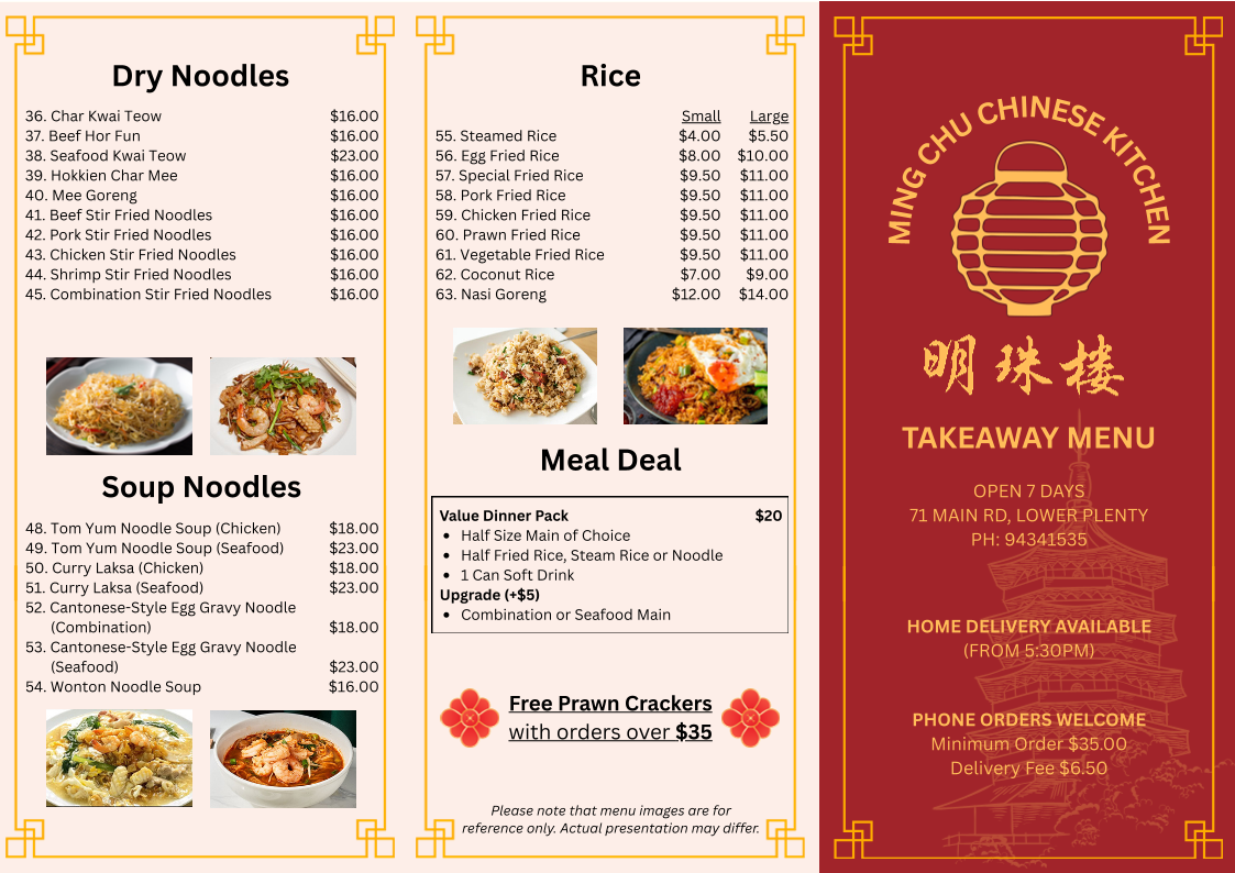 Menu, Ming Chu Chinese Takeaway Food
