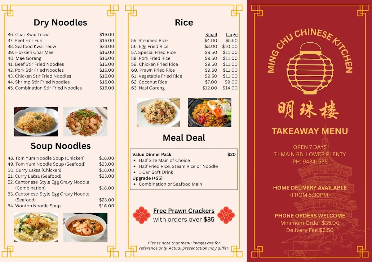 Menu, Ming Chu Chinese Takeaway Food