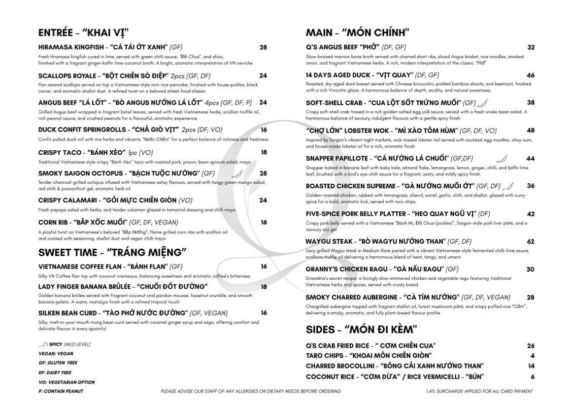 Menu, The Q Dining - Modern Vietnamese Cuisine