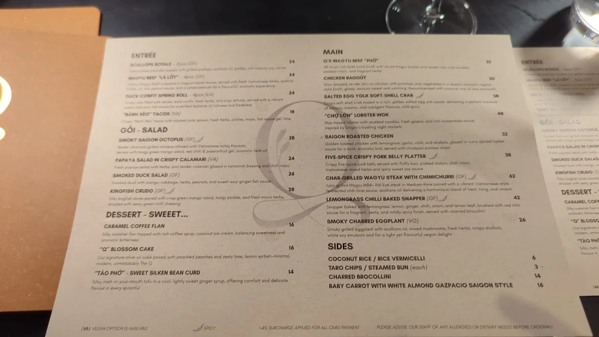 Menu, The Q Dining - Modern Vietnamese Cuisine