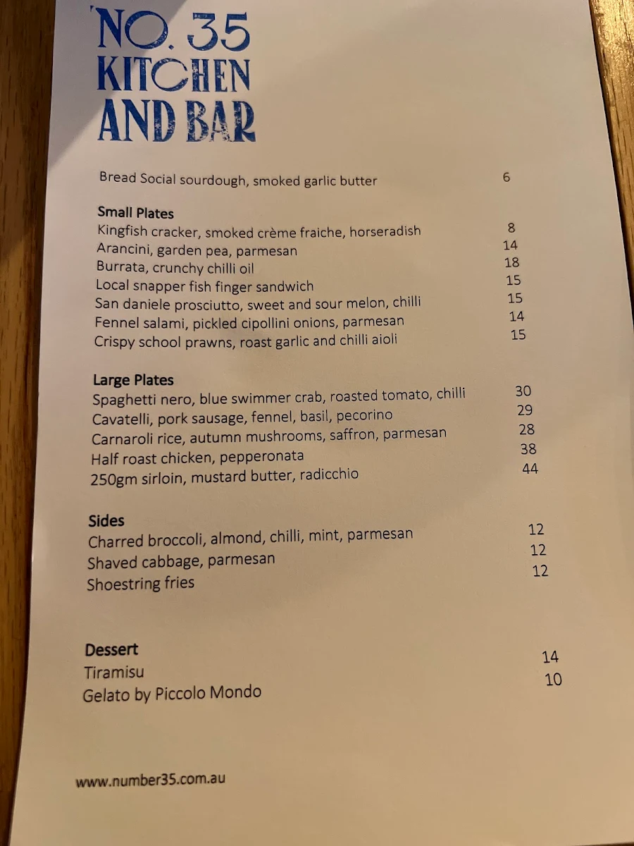 Menu, No.35 Kitchen and Bar