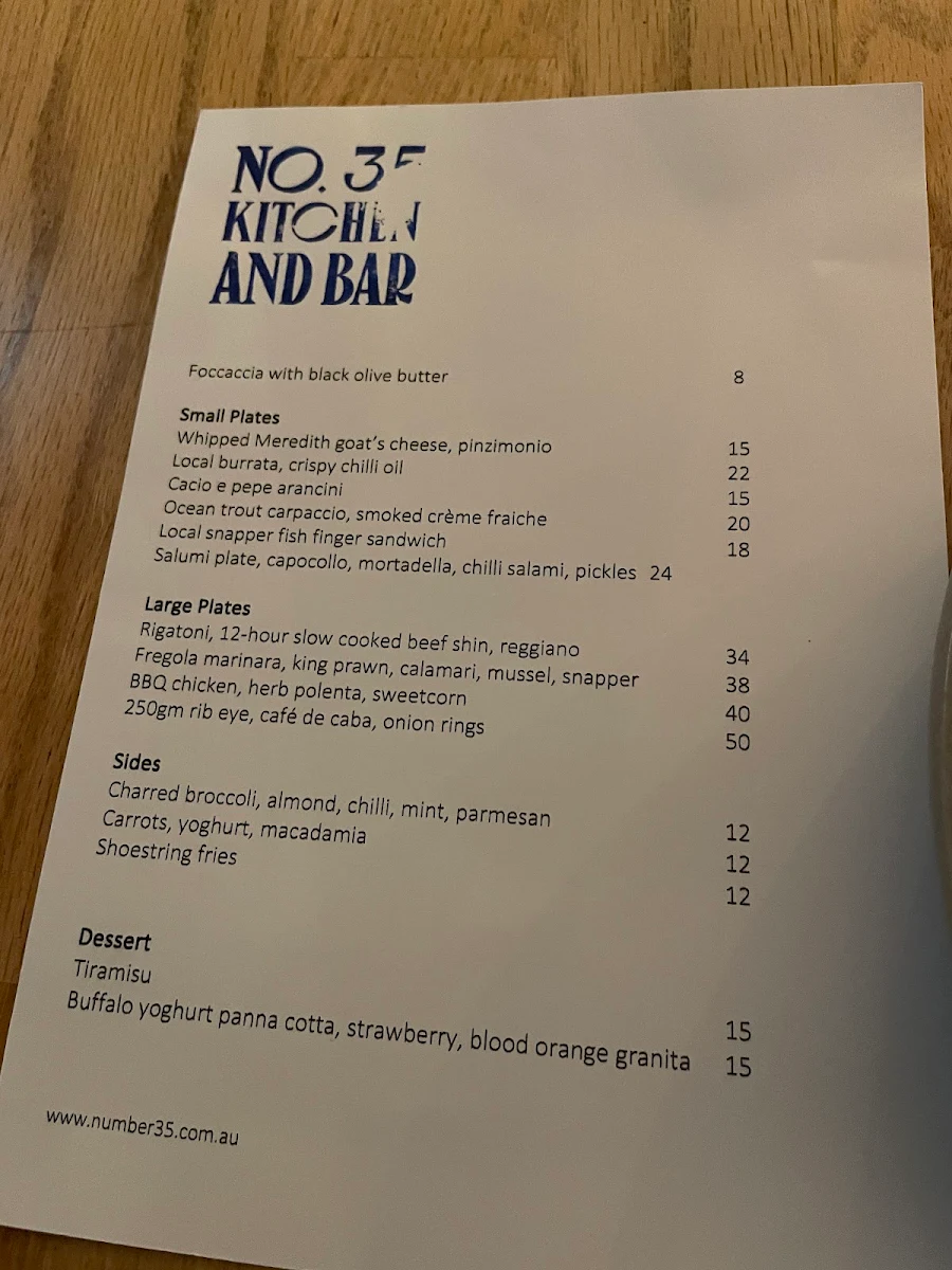Menu, No.35 Kitchen and Bar