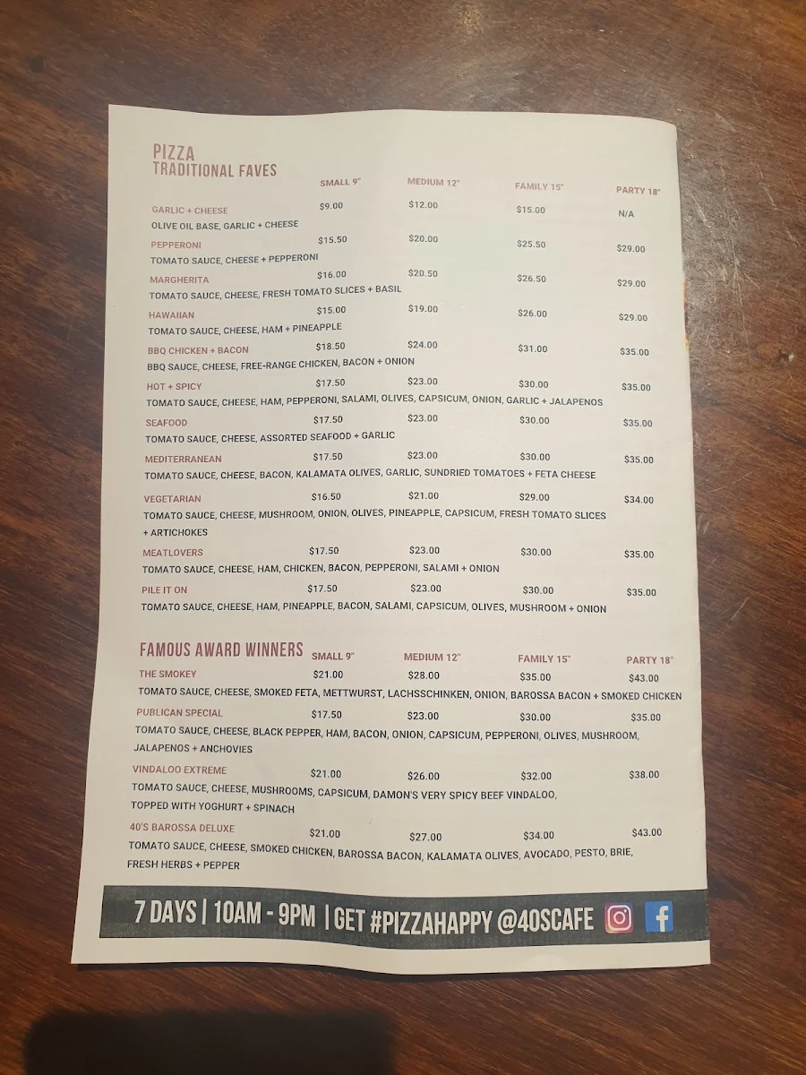 Menu, 40's Cafe