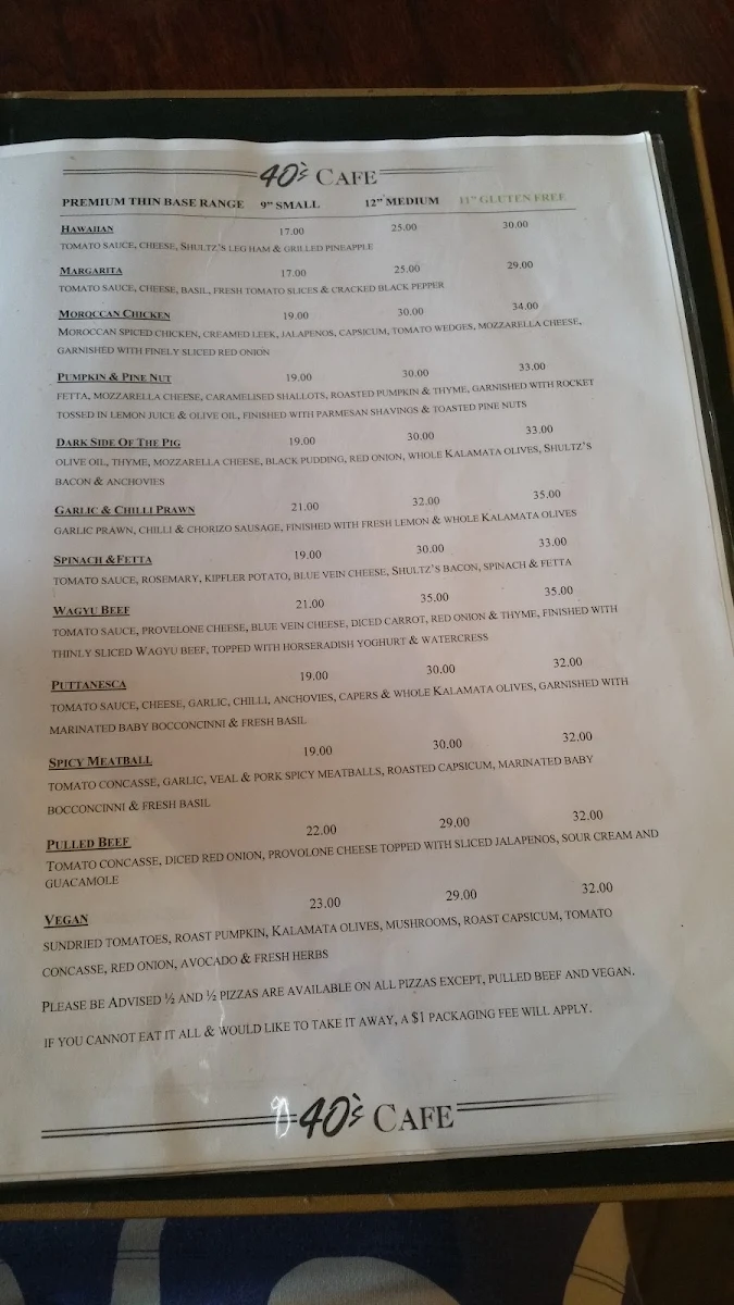 Menu, 40's Cafe