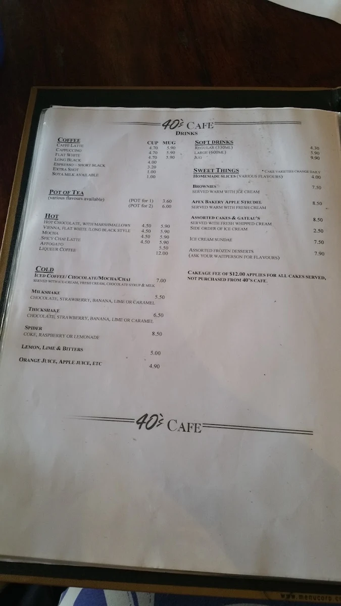 Menu, 40's Cafe