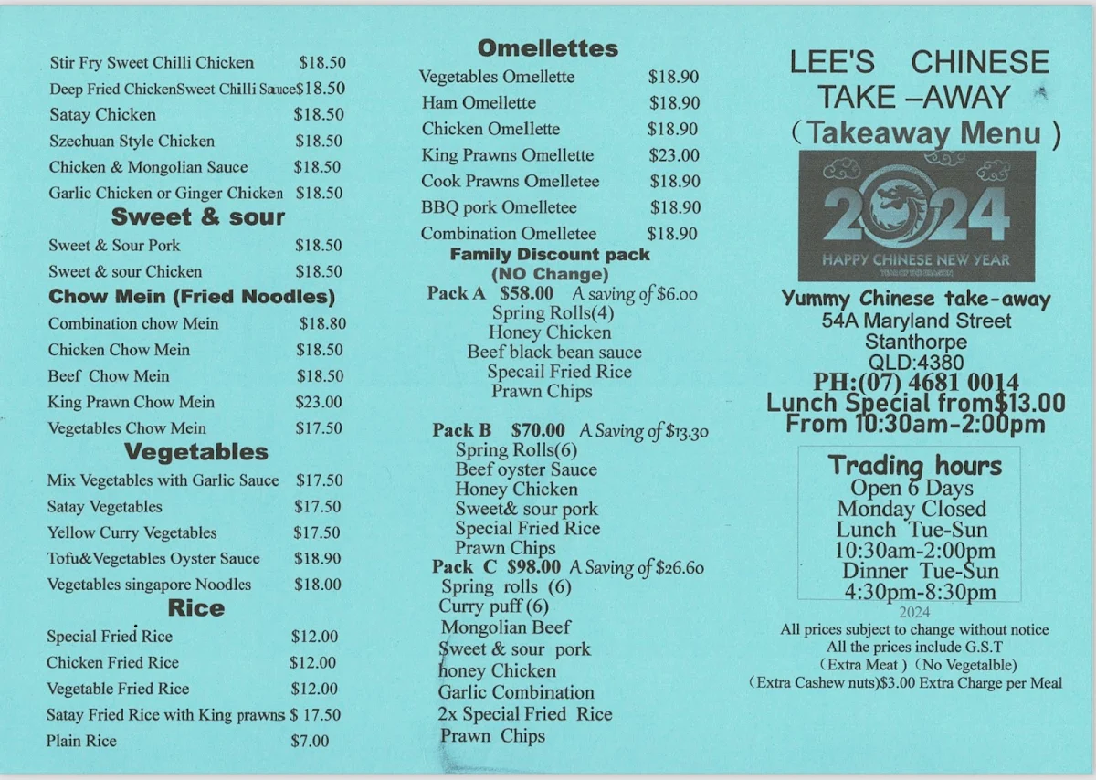 Menu, Lee's Chinese Takeaway
